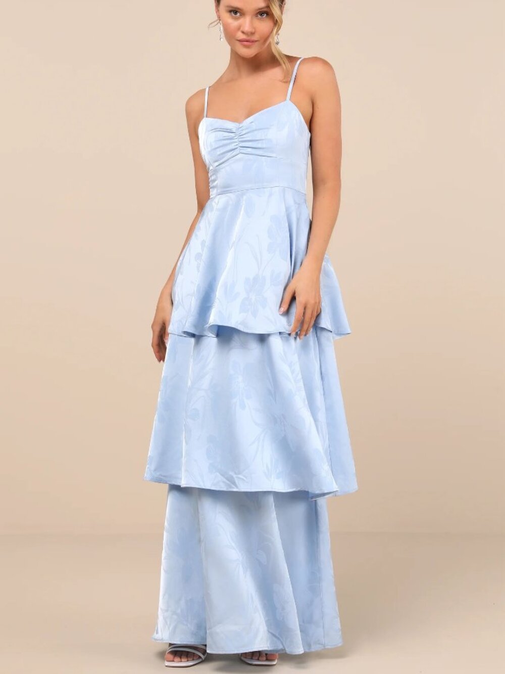 NWT Lulus Prigette Light Blue Jacquard Tiered Maxi Dress Floral Size Large L NEW